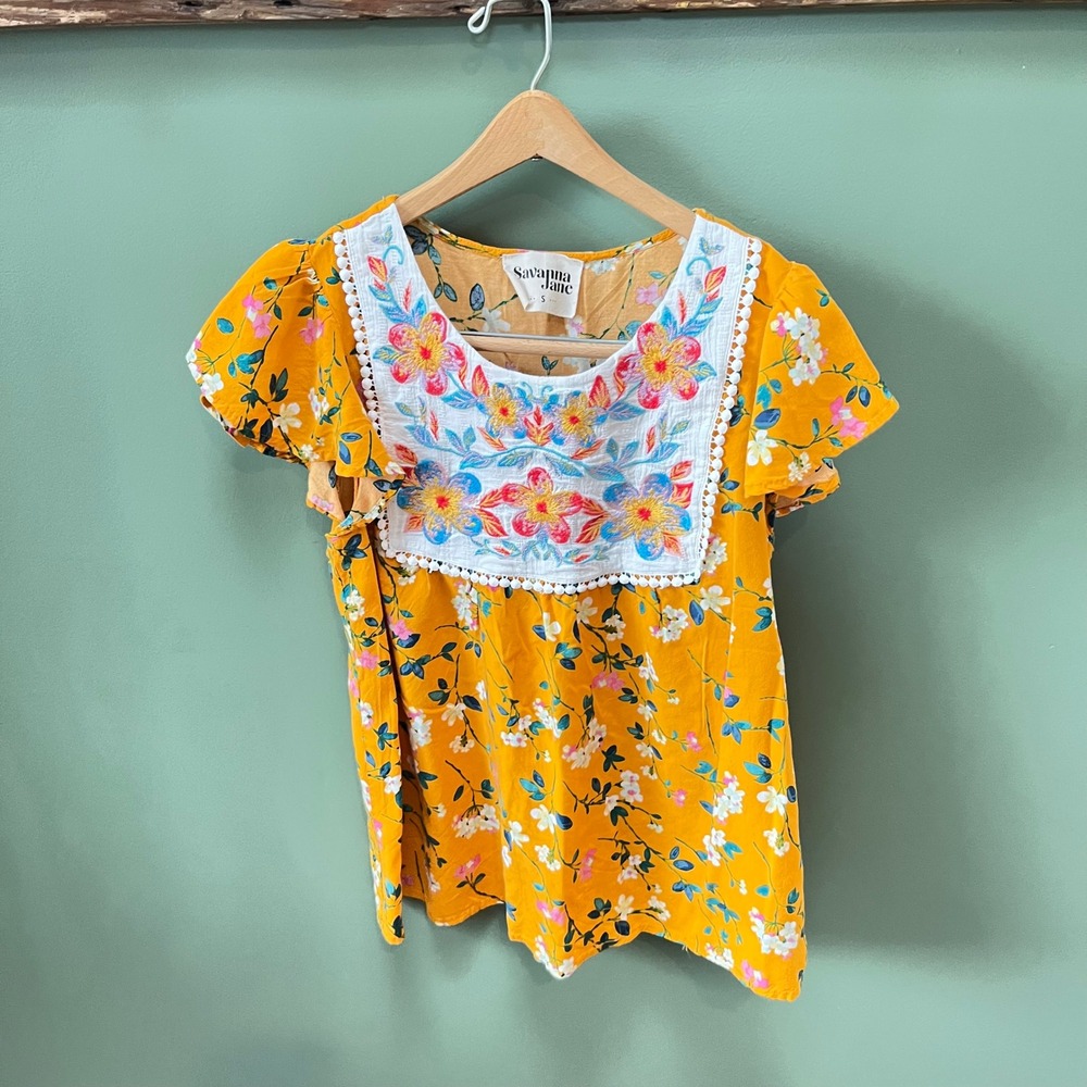 Savanna Jane Mustard Yellow Floral Embroidered Pom Pom Peasant Top Small 18380-1